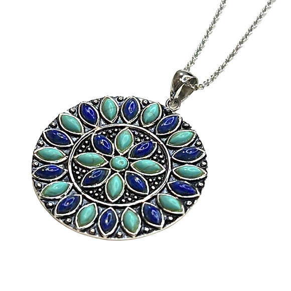 R. H. Macy Sterling Silver, Turquoise & Lapis Flower Drop Necklace - Picture 3 of 6